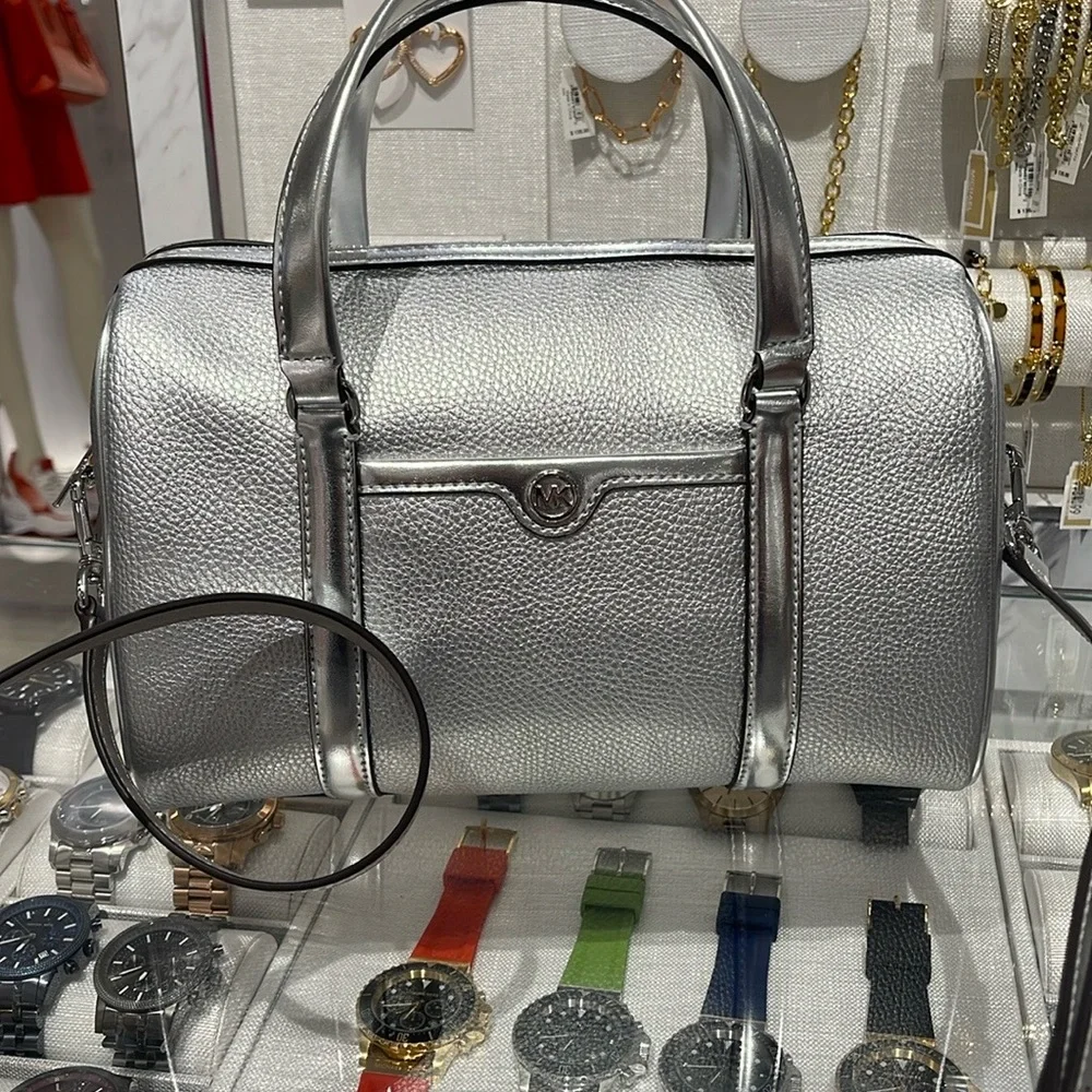 Michael Kors Silver Pebbled Leather Satchel